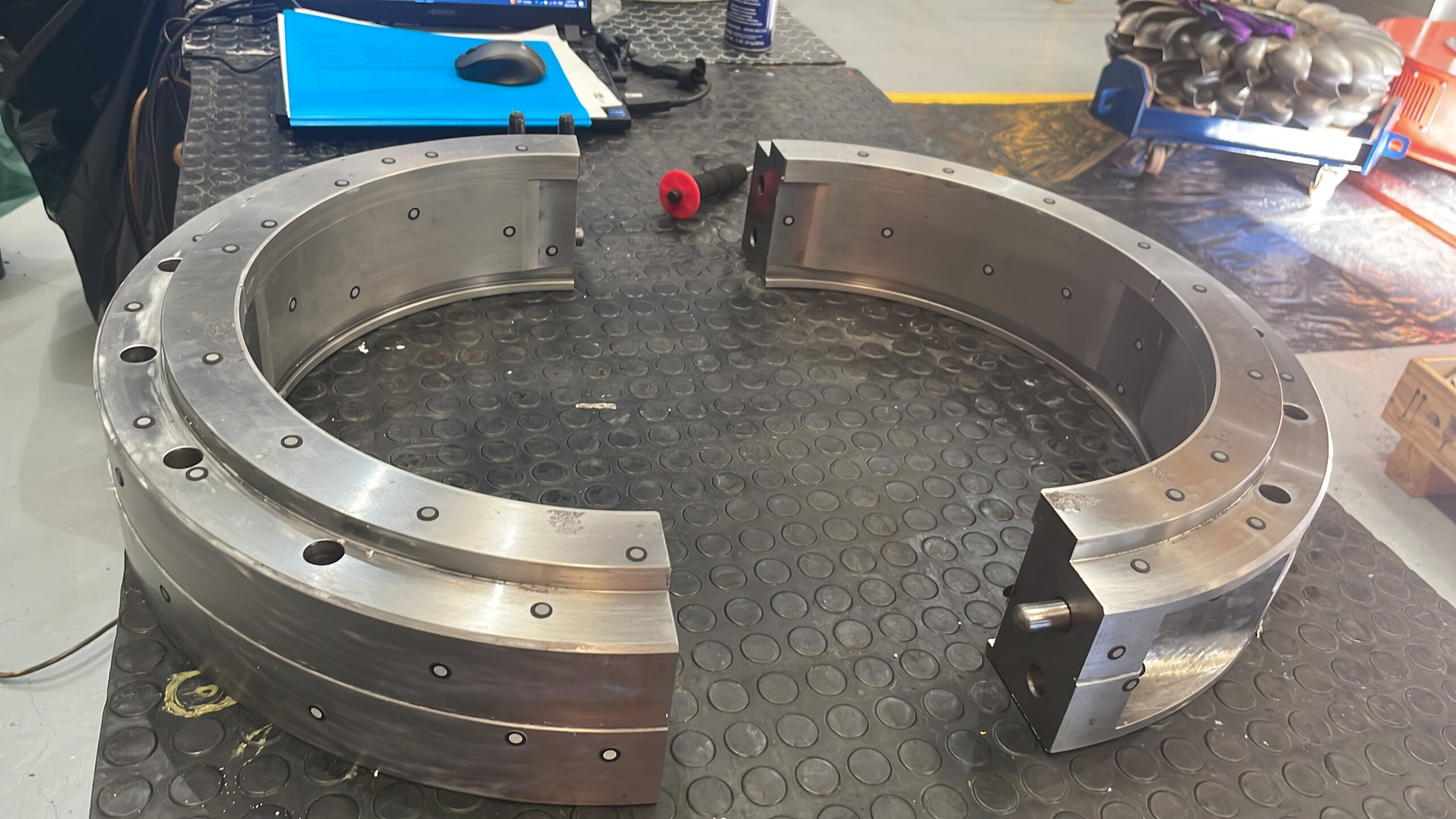 Lower guide bearing disassembled with markers for 3D scanning